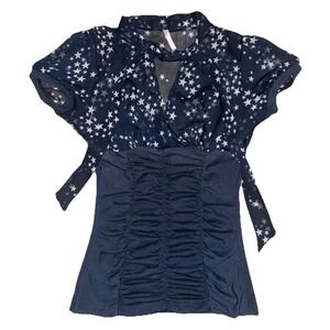 Go Jane Top Women's S Blue White Stars Tie V Neck Ruched Sheer Coquette Y2K
